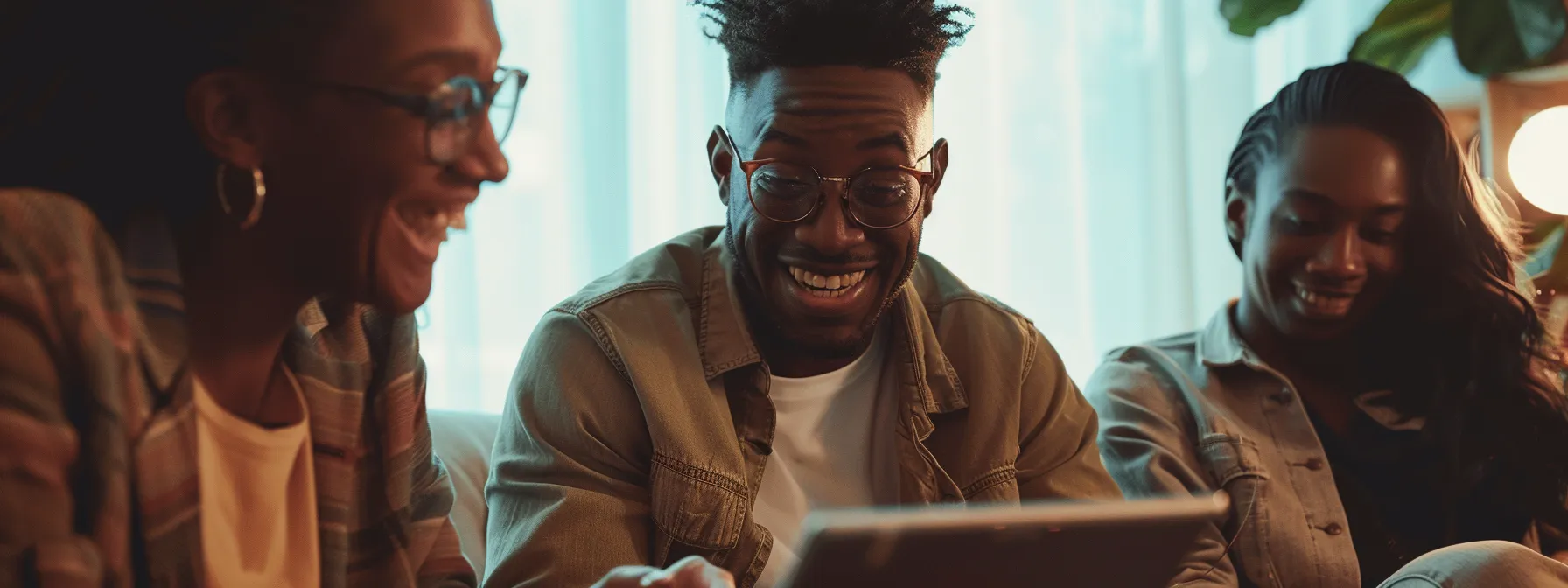 a group of young professionals excitedly discussing home plans while scrolling through personalized instagram ads on a sleek, modern tablet.