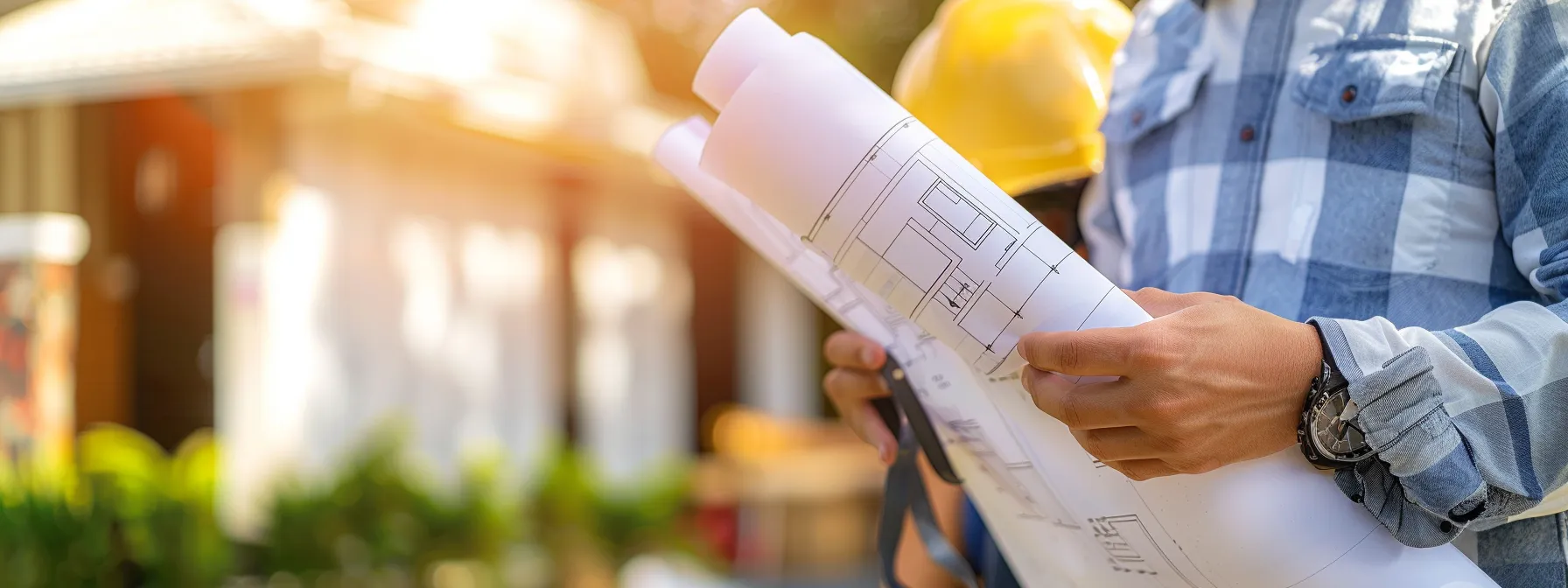a construction worker holding a blueprint in front of a newly built home, surrounded by tools and materials, showcasing the importance of effective keyword research for the home building industry.