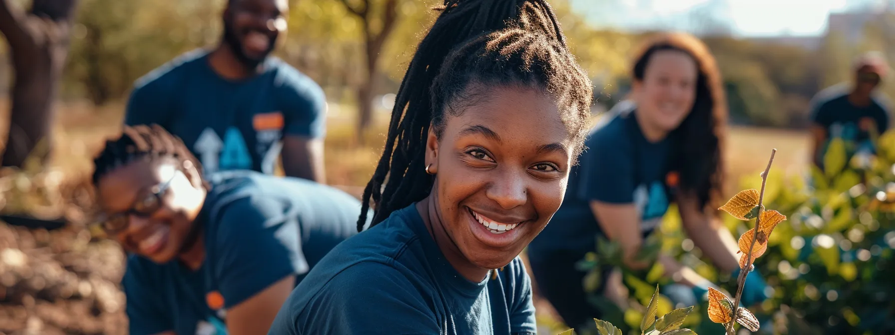 a group of diverse individuals participating in a community clean-up event, wearing branded t-shirts and smiling as they work together to build brand loyalty for a home building company on instagram.