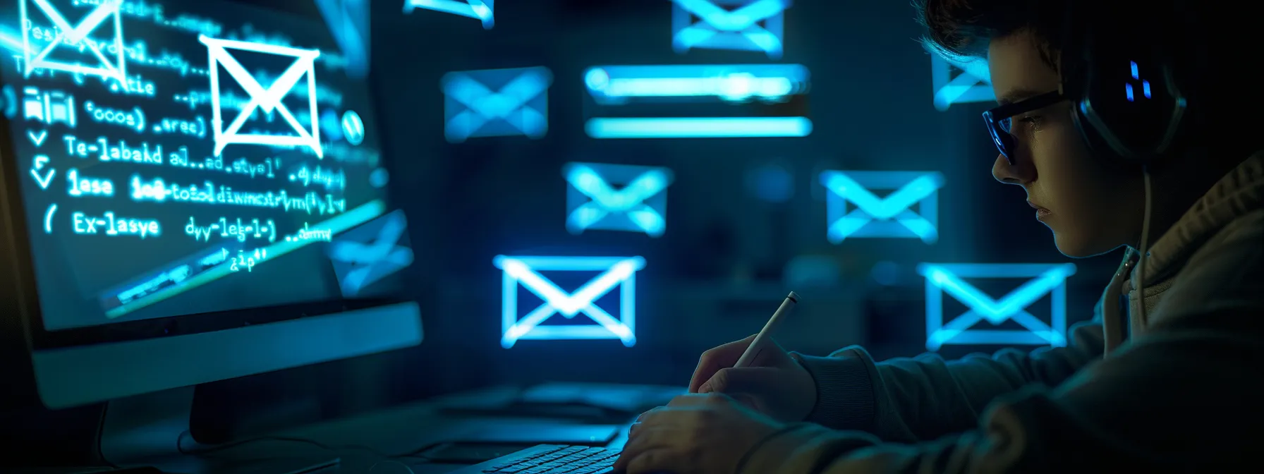 a professional email marketer carefully crafting a subject line on a computer screen surrounded by a checklist of spam-filter-friendly words and compliance regulations.