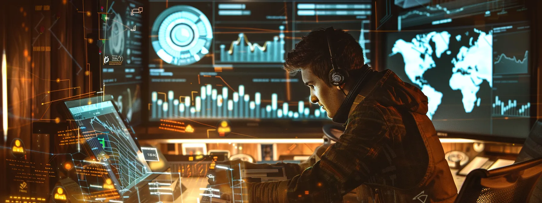 a builder analyzing a detailed chart of email marketing metrics, surrounded by graphs and data analysis tools.