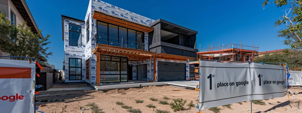 a modern, sleek home under construction with a large "1st place on google" banner displayed prominently in the front yard.