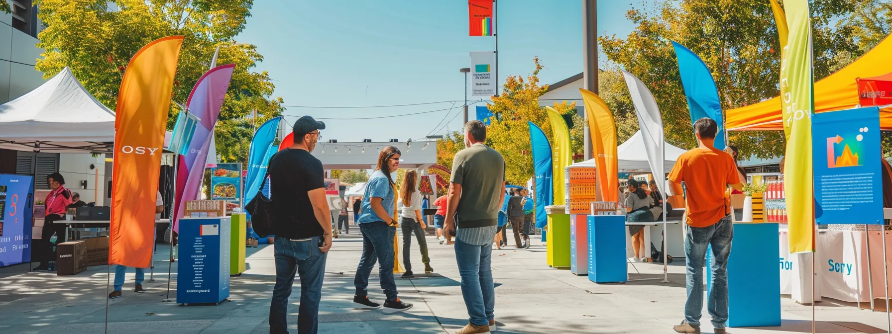 a builder engaging with local clients at a community event, surrounded by a vibrant display of colorful banners and booths.