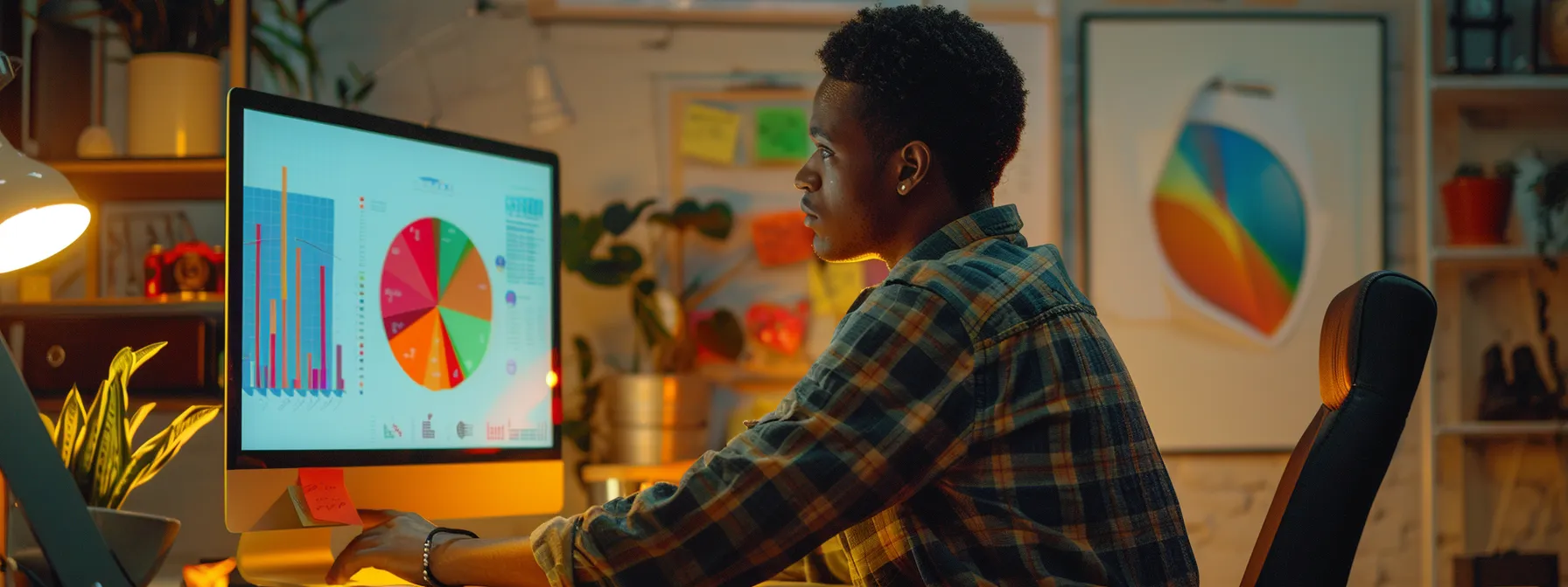 a builder studying a colorful graph on a computer screen, surrounded by marketing materials and tools to enhance their instagram marketing approach.
