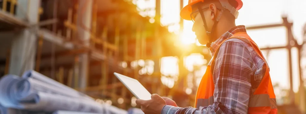 a construction worker checking their email on a tablet surrounded by blueprints and hardhat on a sunny construction site.